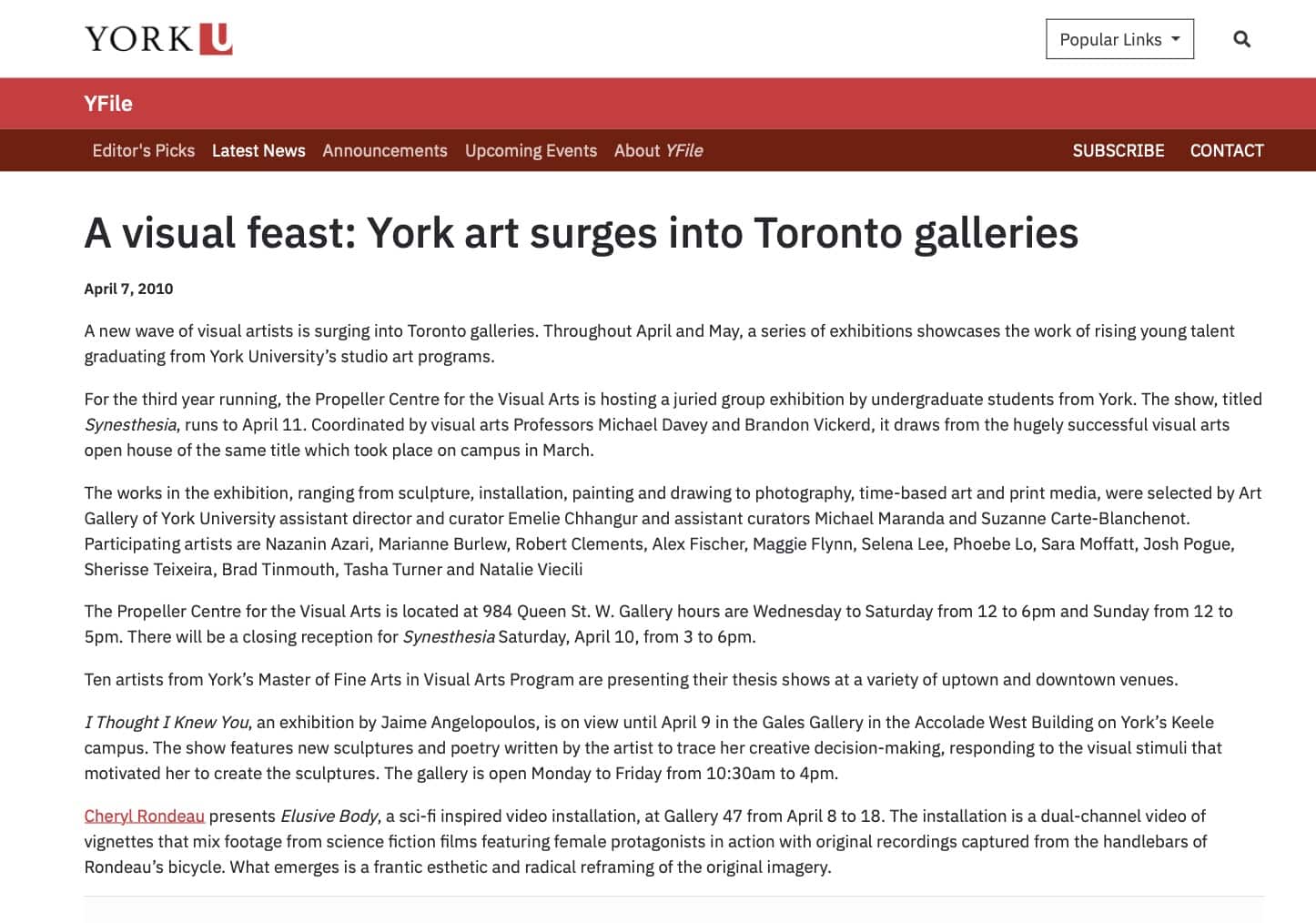 A visual feast - York art surges into Toronto galleries - YFile — 2010